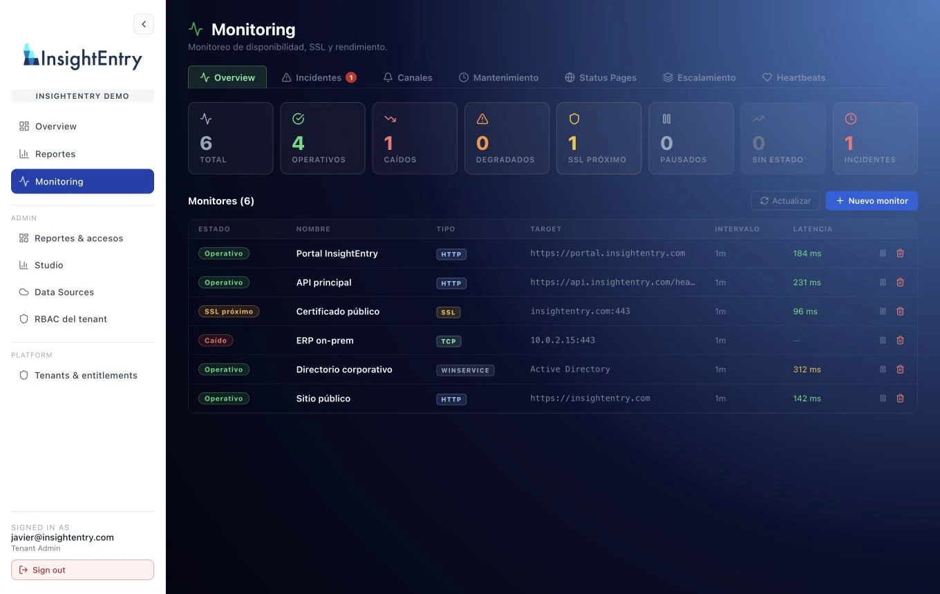 Current InsightEntry monitoring console interface